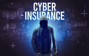 Faceless man with CYBER INSURANCE inscription, online security concept