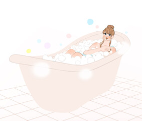 Naklejka premium 泡の風呂に入り、優雅な気持ちで心と体のお手入れをする女性のイラスト
