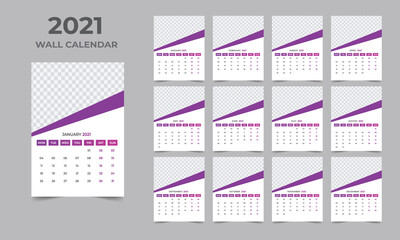 Wall calendar design 2021 template Set of 12 Months, Week starts Monday