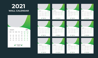 Wall calendar design 2021 template Set of 12 Months, Week starts Monday