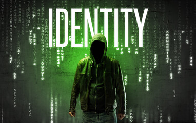 Faceless hacker with IDENTITY inscription, hacking concept