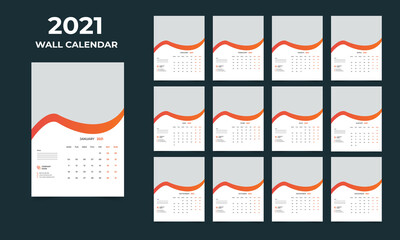 Wall calendar design 2021 template Set of 12 Months, Week starts Monday