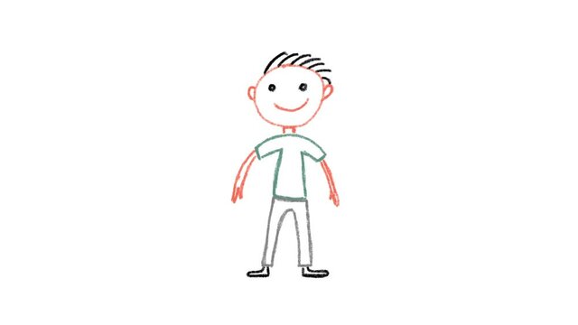 Boy drawn with crayons. Animation on white background