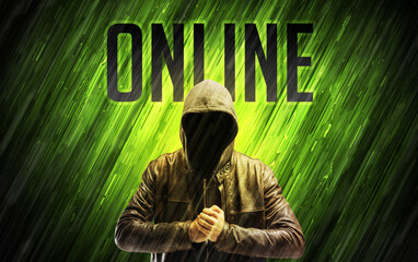 Mysterious man with ONLINE inscription, online security concept
