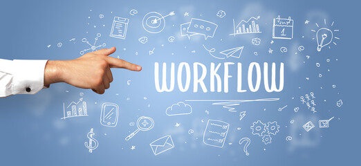 Close-Up of cropped hand pointing at WORKFLOW inscription, modern business solution concept