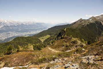 Fototapeta na wymiar Innsbruck Patscherkofel Hiking to the peaks of the Alps of Tyrol in Austria enjoying the view. Europe scenery.