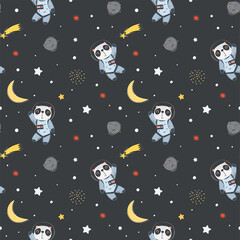 Seamless pattern with panda in the space
