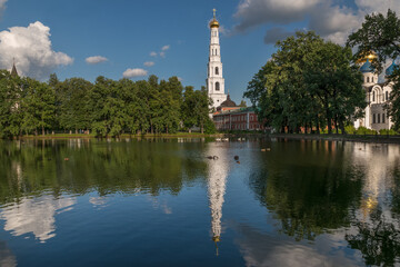 Monastery pond with a reflection of the Nikolo-Ugreshsky Monastery of the Russian Orthodox Church