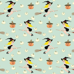 Halloween Themed Cute Witch with her Broom and Pumpkins