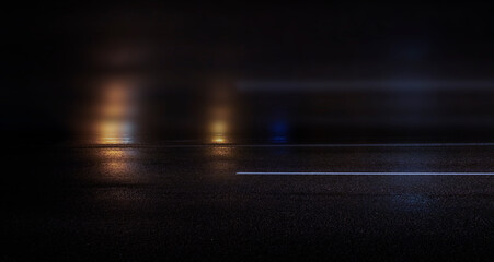 Wet asphalt, night view, neon reflection on the concrete floor. Night empty stage. Dark abstract...