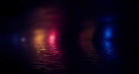 Wet asphalt, night view, neon reflection on the concrete floor. Night empty stage. Dark abstract background, dark street. Night city after rain, wet surface. Blurred background, night bokeh.