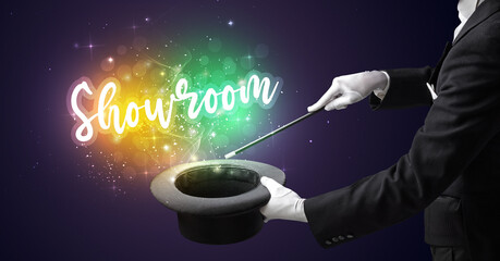 Magician hand conjure with wand and Showroom inscription, shopping concept