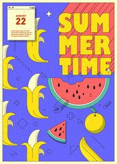 Poster summer time and rest. Flat style, linear graphics. Vector illustration. A4 