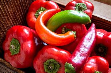 wooden box or basket with peppers of different colors. red, green, hot and sweet peppers.