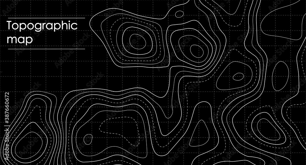 Poster Vector contour topographic map. White lines on black background.