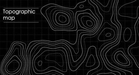 Vector contour topographic map. White lines on black background.