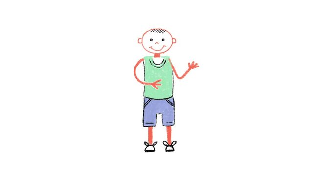 Boy drawn with crayons. Animation on white background