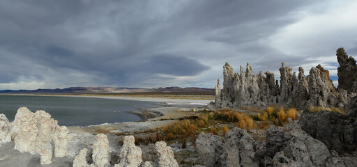Mono Lake Tufa State Natural Reserve, California. Spectacular panoramic view with dramatic sky.