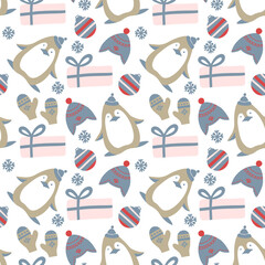 Seamless Christmas vector pattern with penguins presents globe and mitten on white background 