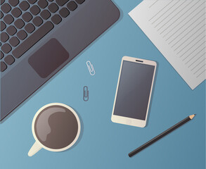 Office workspace. Work and study. Vector illustration. The view from the top. Phone, laptop, coffee, clips and pencil.
