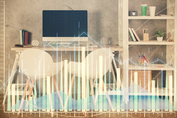 Multi exposure of stock market chart drawing and office interior background. Concept of financial analysis.