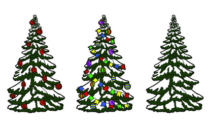 Vector illustration. Hand drawing art. Christmas tree covered with snow. Big spruce. A set of three decorated Christmas trees.