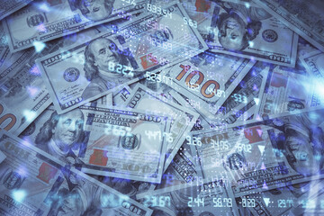 Double exposure of forex graph drawing over us dollars bill background. Concept of financial markets.