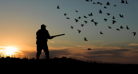 Silhouette of a hunter with a gun  against the sun, an ambush for ducks.