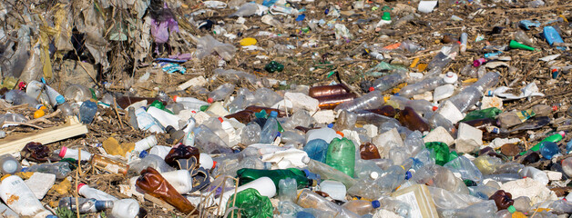 Plastic bags and bottles in a landfill. Unauthorized release of garbage, pollution of nature. The...