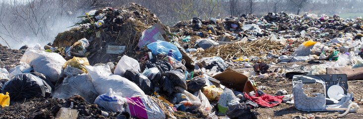 Plastic bags and bottles in a landfill. Unauthorized release of garbage, pollution of nature. The...