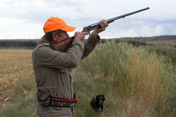 Fototapeta premium Duck hunter with shotgun walking through a meadow.