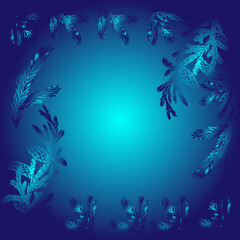 Fototapeta na wymiar Raster template for Christmas, New Year card in blue tones.Square frame of fir branches with cones on a blue background. Drawn by hand.Blue to white gradient.