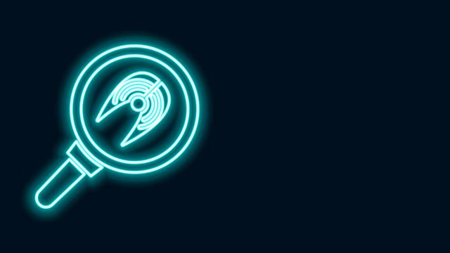 Glowing neon line Fish steak in frying pan icon isolated on black background. 4K Video motion graphic animation
