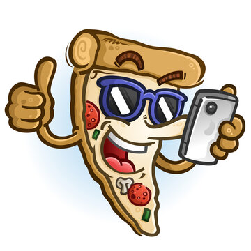 A cheerful cartoon pizza character with a big smile ordering pizza on checking his news feed on a smart phone, wearing sunglasses and giving a big thumbs up