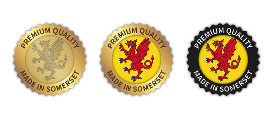 Set of 3 "Made in Somerset" vector icons. Illustration with transparent background. County flag encircled with gold/black stamp. Sticker/logo for product/website.