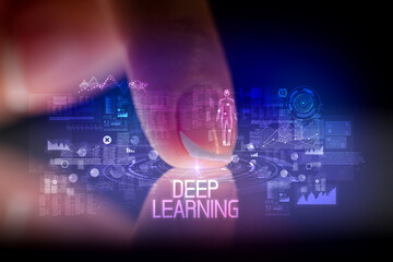 Finger touching tablet with web technology icons and DEEP LEARNING inscription