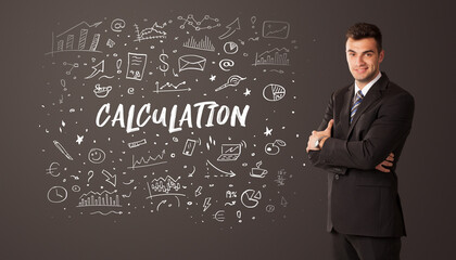 Businessman thinking with CALCULATION inscription, business education concept