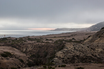 Landscape view of the sunset from Santa Rosa Island looking out at Santa Cruz Island in Channel Islands National Park (California).