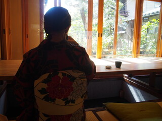 An Asian woman wearing a traditional Japanese kimono is sitting in a Japanese-style restaurant looking at the garden, Kyoto, Japan