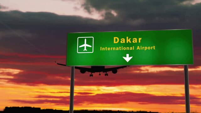 Airplane silhouette landing in Dakar, Senegal. City arrival with airport direction signboard and sunset in background. Trip and transportation concept 3d animation.