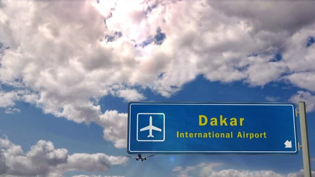 Jet plane landing in Dakar, Senegal. City arrival with airport direction sign. Travel, business, tourism and transport concept. 3D rendering animation.