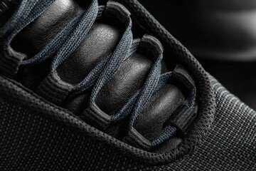 Black sneaker closeup on a black background. Running and fitness sneakers. Close-up.