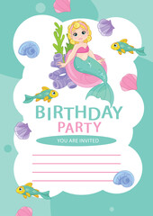 Beautiful Mermaid Underwater world with fish. Birthday party invitation card template