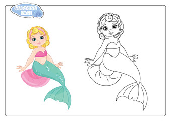 Cute  Mermaid coloring page on white background