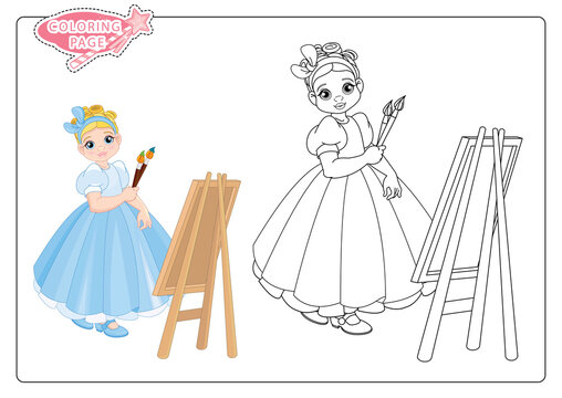 Beautiful girl artist painting on canvas coloring page on white background