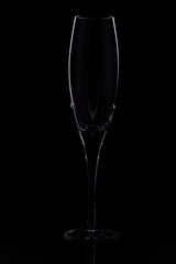 Close up view of  contour of a beautiful  slim, tall and elegant champagne glass isolated on a black background. Beautiful background.
