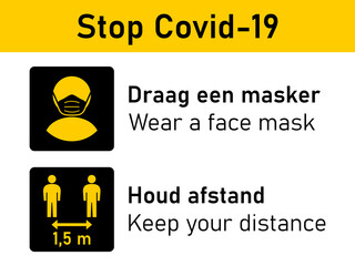 Bilingual Stop Covid-19 Rules Icon Set in Spanish and English including Draag een masker (Wear a Face Mask) and Houd afstand (Keep Your Distance) 1,5 m or 1,5 Metres. Vector Image.