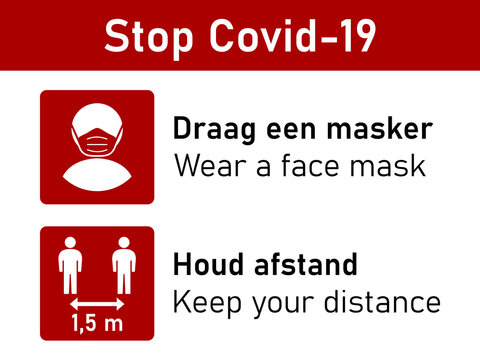 Bilingual Stop Covid-19 Rules Icon Set in Spanish and English including Draag een masker (Wear a Face Mask) and Houd afstand (Keep Your Distance) 1,5 m or 1,5 Metres. Vector Image.