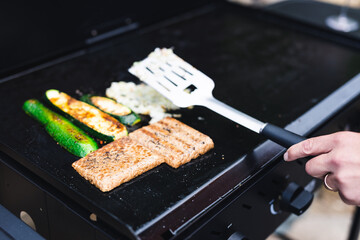 plant-based food, vegan tempeh zucchini and onion barbecue