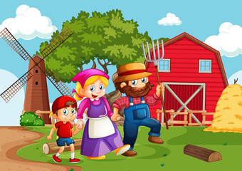 Happy family in farm scene in cartoon style